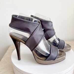 Donald J Pliner Women Platform Heels Gray Satin Gold Metallic Evening Sandals 7